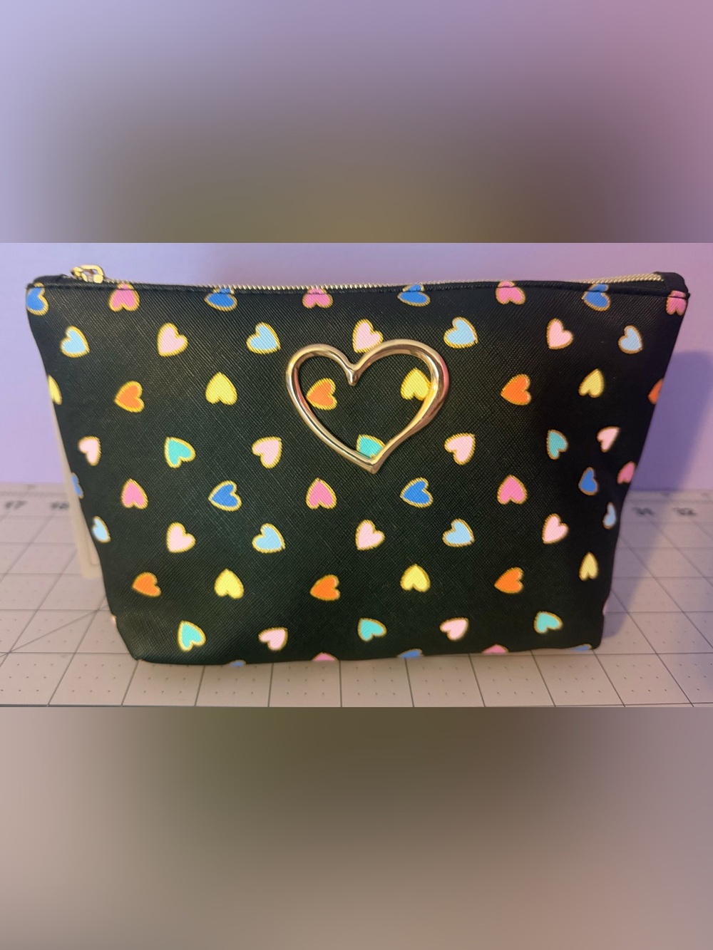 Heart Accent Black Cosmetic Pouch with Multicolor Hearts